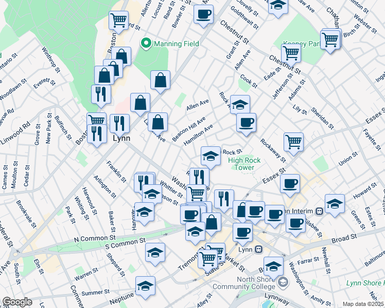 map of restaurants, bars, coffee shops, grocery stores, and more near 4 Hamilton Avenue in Lynn