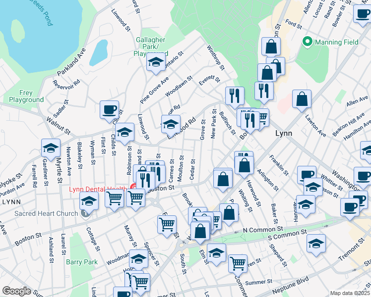 map of restaurants, bars, coffee shops, grocery stores, and more near 19 Salem Street in Lynn