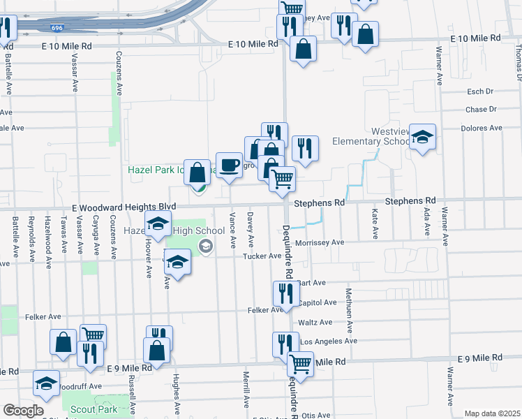 map of restaurants, bars, coffee shops, grocery stores, and more near 1764 Maplelane Avenue in Hazel Park