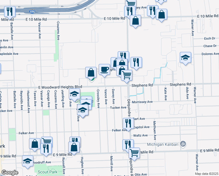 map of restaurants, bars, coffee shops, grocery stores, and more near 1764 Maplelane Avenue in Hazel Park