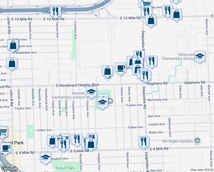 map of restaurants, bars, coffee shops, grocery stores, and more near 1515 East Woodward Heights Boulevard in Hazel Park