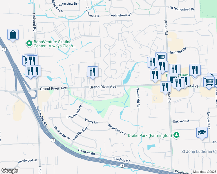 map of restaurants, bars, coffee shops, grocery stores, and more near 24375 Verdant Dr in Farmington