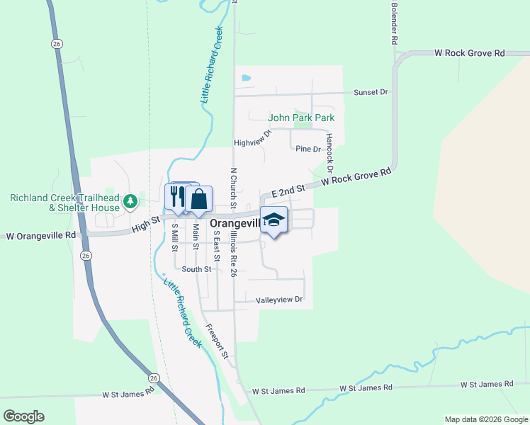 map of restaurants, bars, coffee shops, grocery stores, and more near 100 North Orange Street in Orangeville
