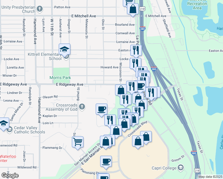 map of restaurants, bars, coffee shops, grocery stores, and more near 1821 East Ridgeway Avenue in Waterloo