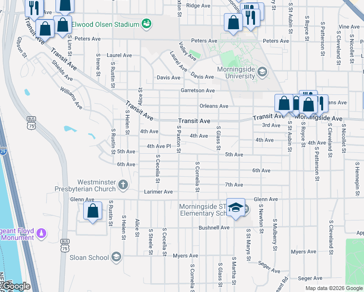 map of restaurants, bars, coffee shops, grocery stores, and more near 3235 4th Avenue in Sioux City