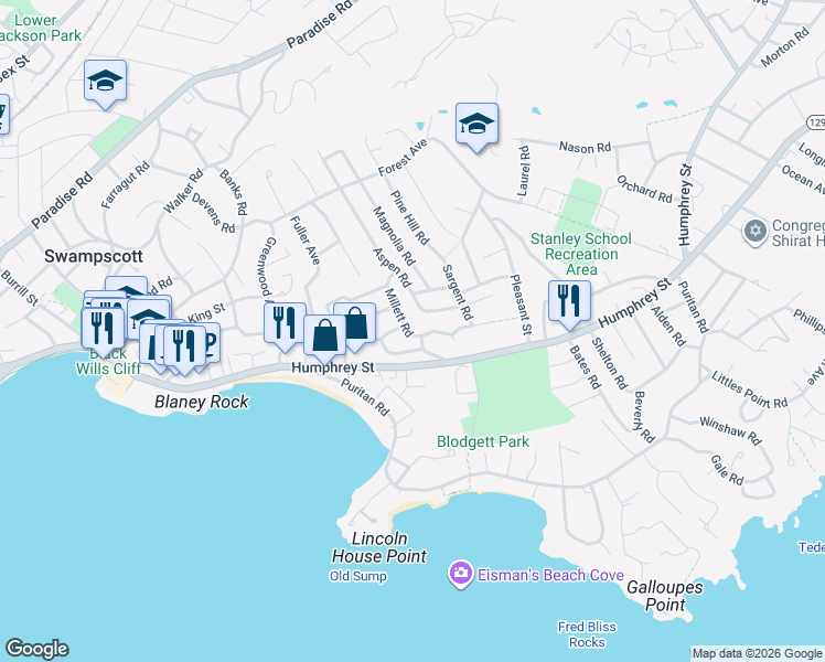 map of restaurants, bars, coffee shops, grocery stores, and more near 86 Aspen Road in Swampscott