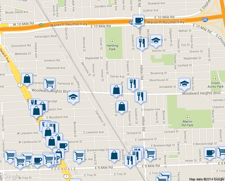 map of restaurants, bars, coffee shops, grocery stores, and more near 925 Woodward Heights in Ferndale