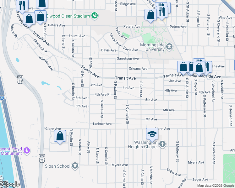 map of restaurants, bars, coffee shops, grocery stores, and more near 3235 4th Avenue in Sioux City