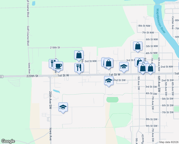 map of restaurants, bars, coffee shops, grocery stores, and more near 140 16th Avenue Northwest in Independence