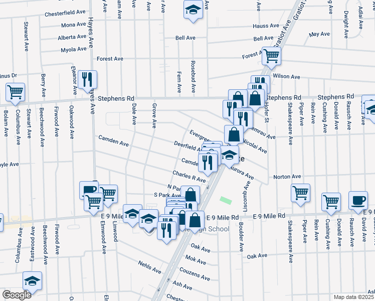 map of restaurants, bars, coffee shops, grocery stores, and more near 15705 Deerfield Avenue in Eastpointe