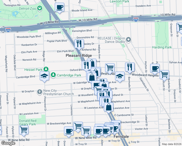 map of restaurants, bars, coffee shops, grocery stores, and more near Woodward Ave & Woodward Heights Blvd in Pleasant Ridge