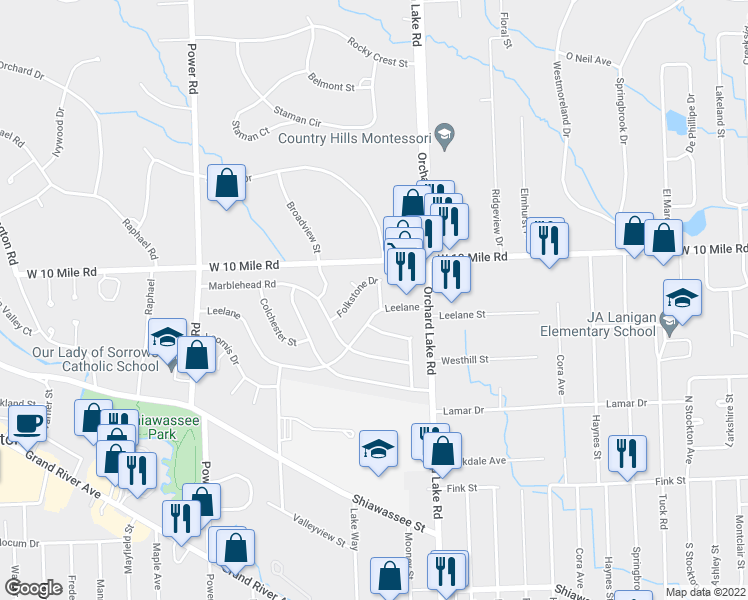 map of restaurants, bars, coffee shops, grocery stores, and more near 31611 Folkstone Drive in Farmington