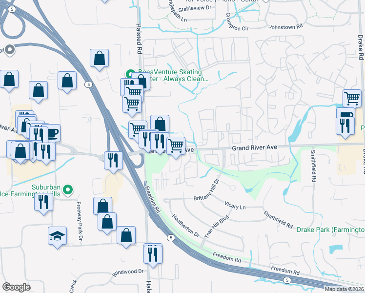 map of restaurants, bars, coffee shops, grocery stores, and more near in Farmington Hills