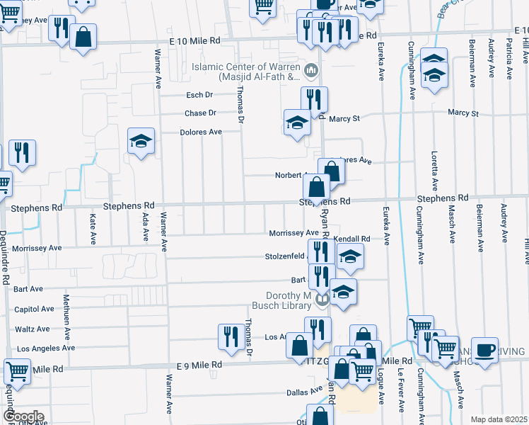 map of restaurants, bars, coffee shops, grocery stores, and more near 23914-23926 McMillan Ave in Warren