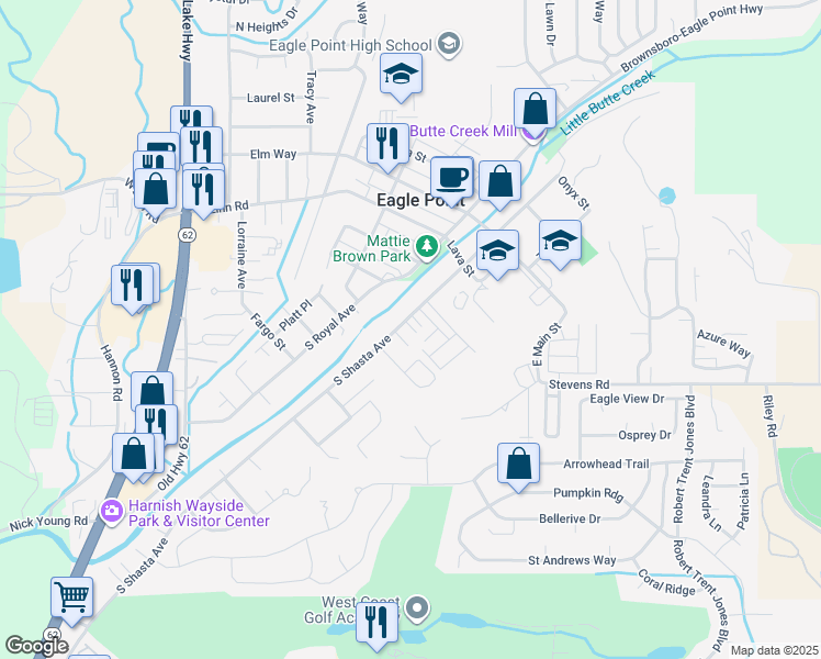 map of restaurants, bars, coffee shops, grocery stores, and more near 302 South Shasta Avenue in Eagle Point