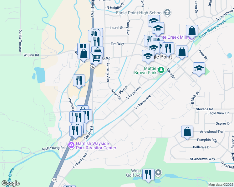 map of restaurants, bars, coffee shops, grocery stores, and more near 600 South Platt Street in Eagle Point