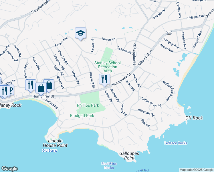map of restaurants, bars, coffee shops, grocery stores, and more near 63 Kensington Lane in Swampscott