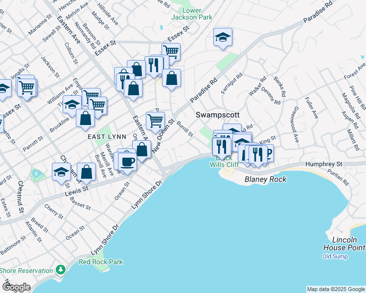 map of restaurants, bars, coffee shops, grocery stores, and more near 81 Burrill Street in Swampscott