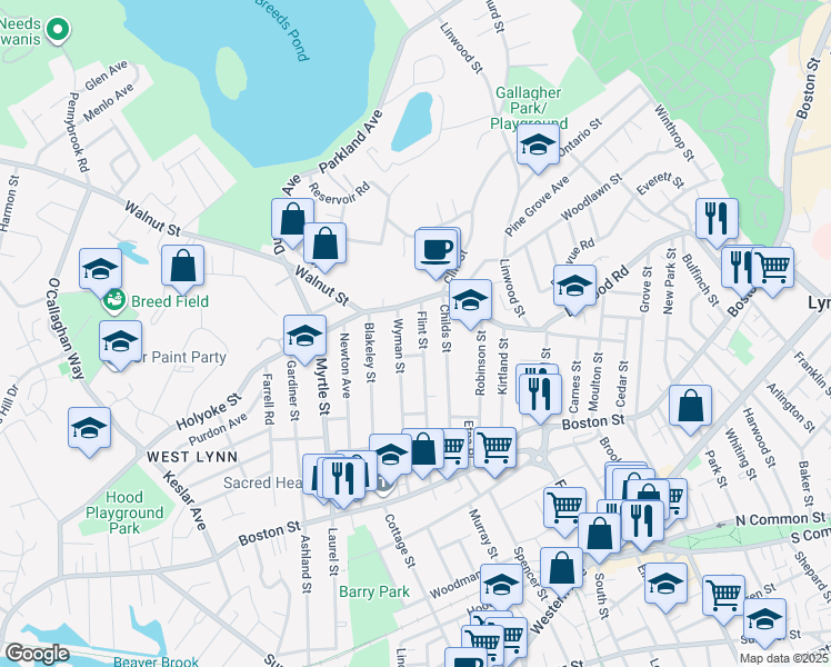 map of restaurants, bars, coffee shops, grocery stores, and more near 143 Flint Street in Lynn