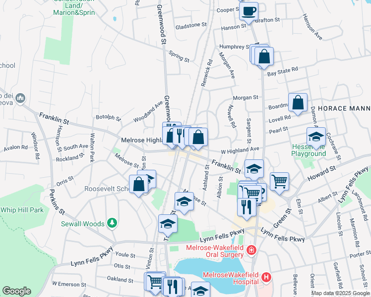 map of restaurants, bars, coffee shops, grocery stores, and more near 517 Franklin Street in Melrose