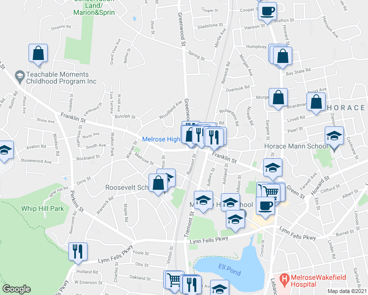 map of restaurants, bars, coffee shops, grocery stores, and more near 22 Greenwood Street in Melrose