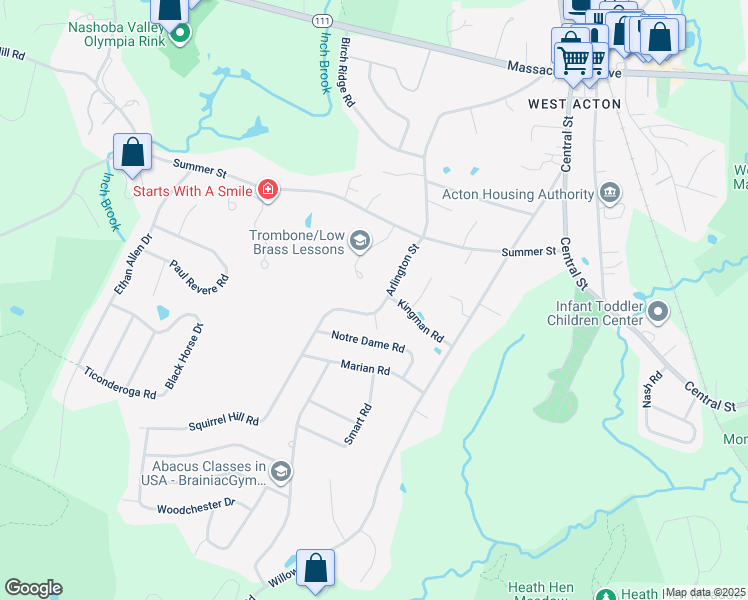 map of restaurants, bars, coffee shops, grocery stores, and more near 405 Arlington Street in Acton