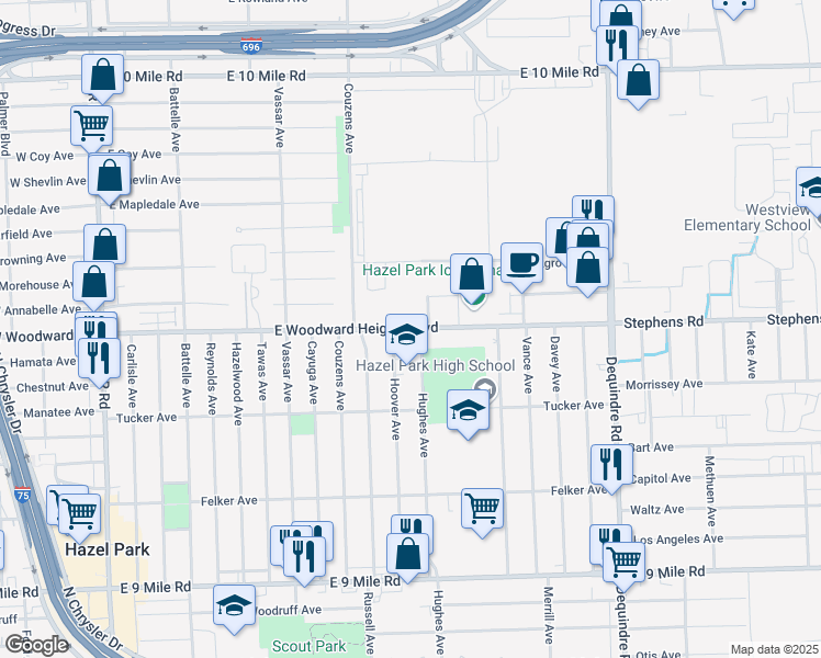 map of restaurants, bars, coffee shops, grocery stores, and more near 1209 East Woodward Heights Boulevard in Hazel Park