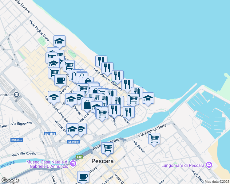 map of restaurants, bars, coffee shops, grocery stores, and more near 35 Lungomare Giacomo Matteotti in Pescara