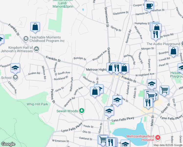 map of restaurants, bars, coffee shops, grocery stores, and more near 752 Franklin Street in Melrose