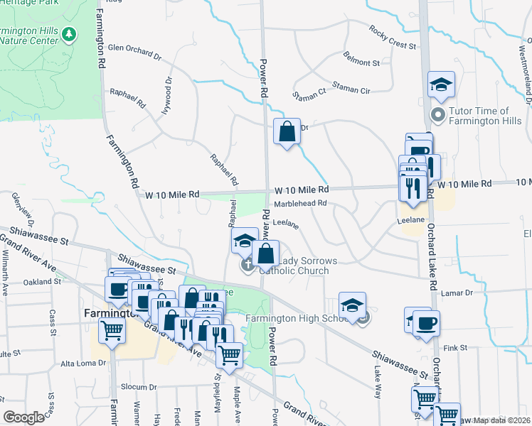 map of restaurants, bars, coffee shops, grocery stores, and more near 32380 Marblehead Road in Farmington