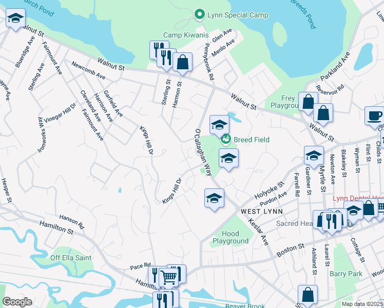 map of restaurants, bars, coffee shops, grocery stores, and more near 14 Osborne Street in Lynn