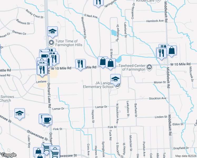 map of restaurants, bars, coffee shops, grocery stores, and more near 24013 Springbrook Drive in Farmington Hills