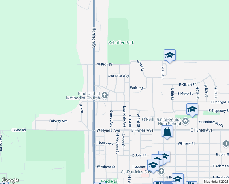 map of restaurants, bars, coffee shops, grocery stores, and more near 1411 Center Avenue in O'Neill