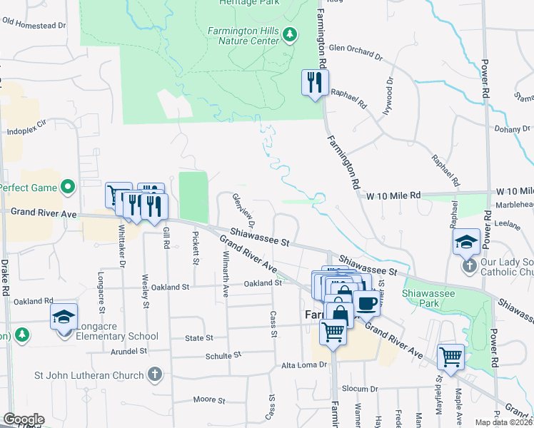 map of restaurants, bars, coffee shops, grocery stores, and more near 33640 Hillcrest Street in Farmington
