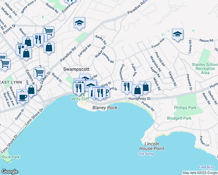 map of restaurants, bars, coffee shops, grocery stores, and more near 55 King Street in Swampscott