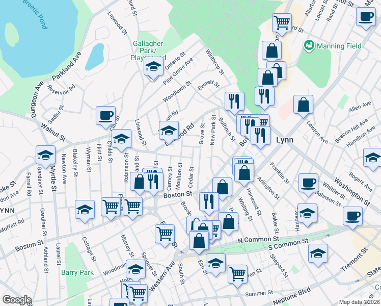 map of restaurants, bars, coffee shops, grocery stores, and more near 74 Cedar Street in Lynn
