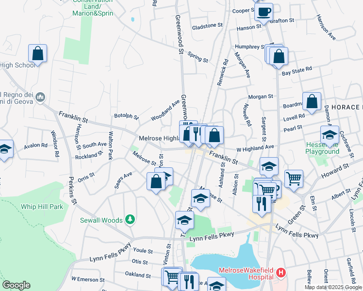 map of restaurants, bars, coffee shops, grocery stores, and more near 569 Franklin Street in Melrose
