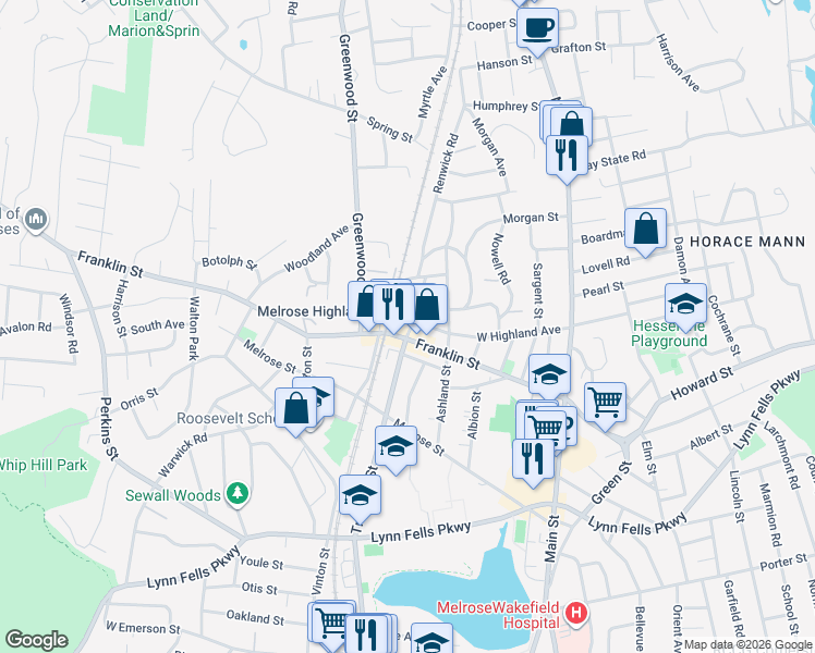 map of restaurants, bars, coffee shops, grocery stores, and more near 25 Chipman Avenue in Melrose