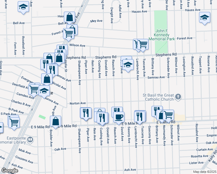 map of restaurants, bars, coffee shops, grocery stores, and more near 23116 Donald Avenue in Eastpointe