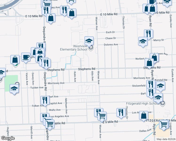 map of restaurants, bars, coffee shops, grocery stores, and more near 23944 Winifred Avenue in Warren