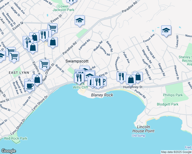 map of restaurants, bars, coffee shops, grocery stores, and more near 79 Redington Street in Swampscott