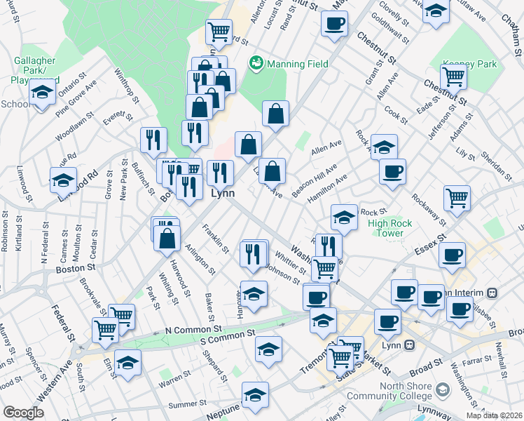 map of restaurants, bars, coffee shops, grocery stores, and more near 48-50 Laighton Street in Lynn