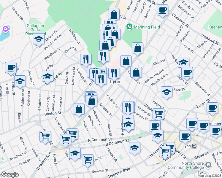 map of restaurants, bars, coffee shops, grocery stores, and more near in Lynn