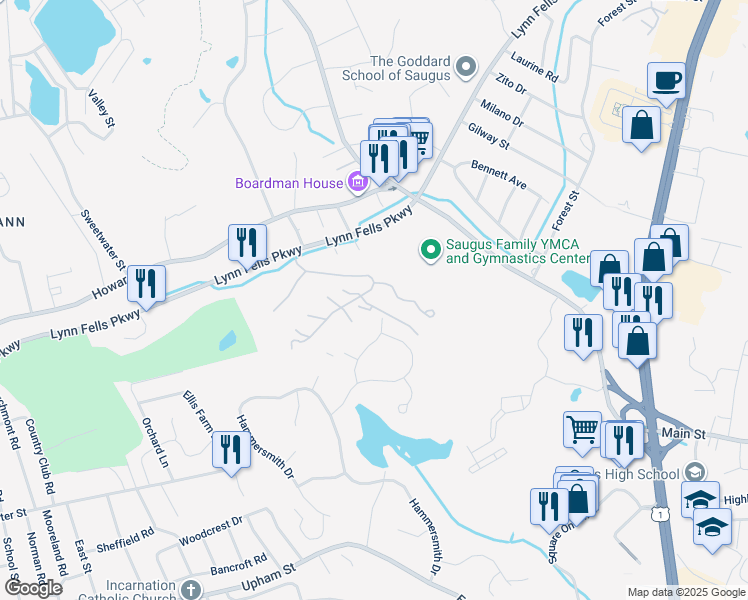 map of restaurants, bars, coffee shops, grocery stores, and more near 607 Lewis O Gray Drive in Saugus