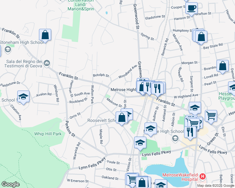 map of restaurants, bars, coffee shops, grocery stores, and more near 811 Franklin Street in Melrose