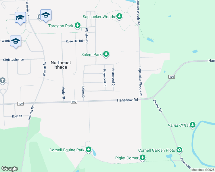 map of restaurants, bars, coffee shops, grocery stores, and more near 105 Pinewood Place in Ithaca