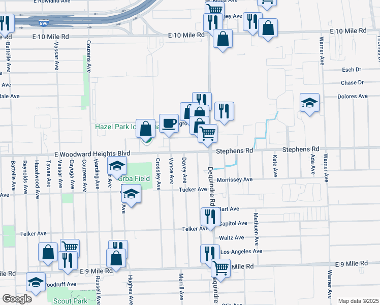 map of restaurants, bars, coffee shops, grocery stores, and more near 1764 Maplelane Avenue in Hazel Park