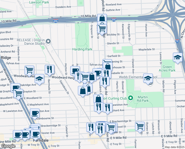 map of restaurants, bars, coffee shops, grocery stores, and more near 2815 Grayson Street in Ferndale