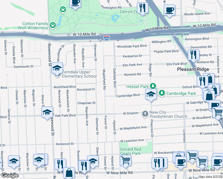 map of restaurants, bars, coffee shops, grocery stores, and more near 78 Oakdale Boulevard in Pleasant Ridge