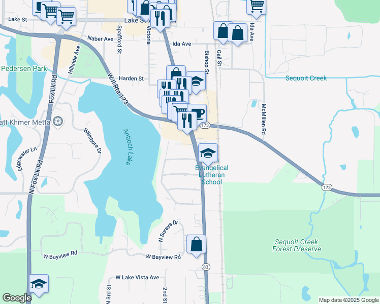 map of restaurants, bars, coffee shops, grocery stores, and more near 1224 Main Street in Antioch